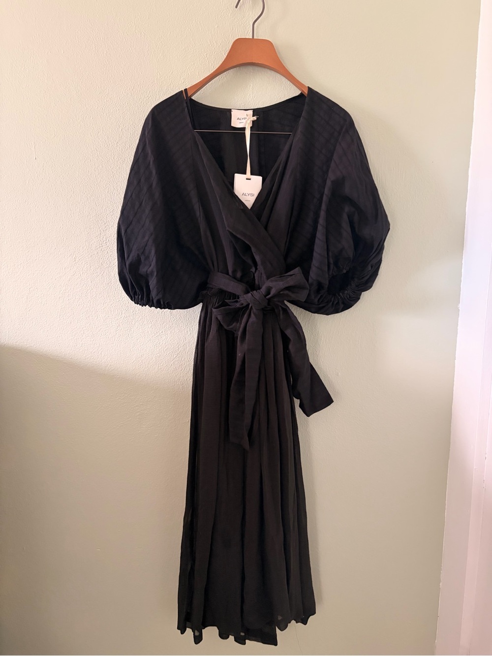 NWT Alysi  Black Midi Wrap Dress with Puff Sleeves and Waist Tie